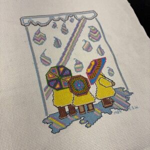 Vintage‎ 1988 Cross Stitch Art Rainy Day Children Umbrellas Rain Rainbow Art